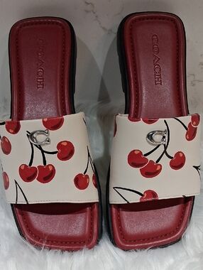 Coach Florence Cherry-Print Slide Sandals in Cream & Red